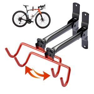 Wall-Mounted Bike Rack with Red Hooks